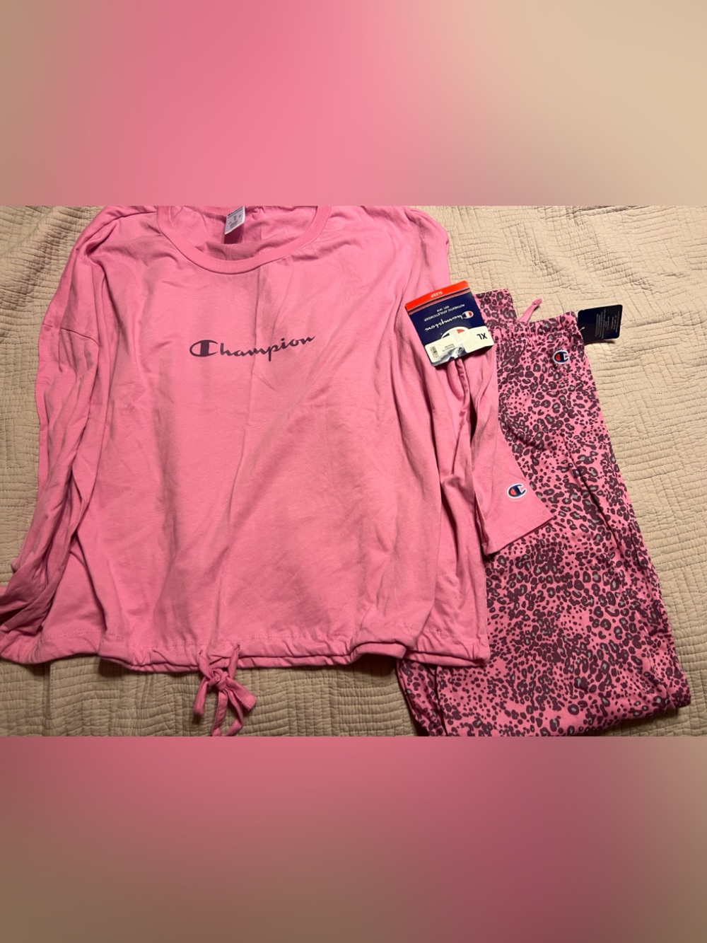 Champion Pink Two-Piece Pajama Set with Leopard Print Joggers